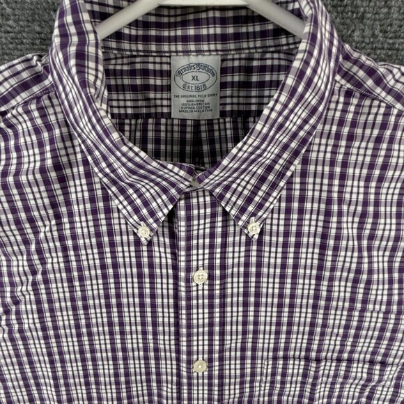 Brooks Brothers Cotton Non-Iron Check Button-Down XL Purple Shirt Pocket Men - Picture 1 of 14